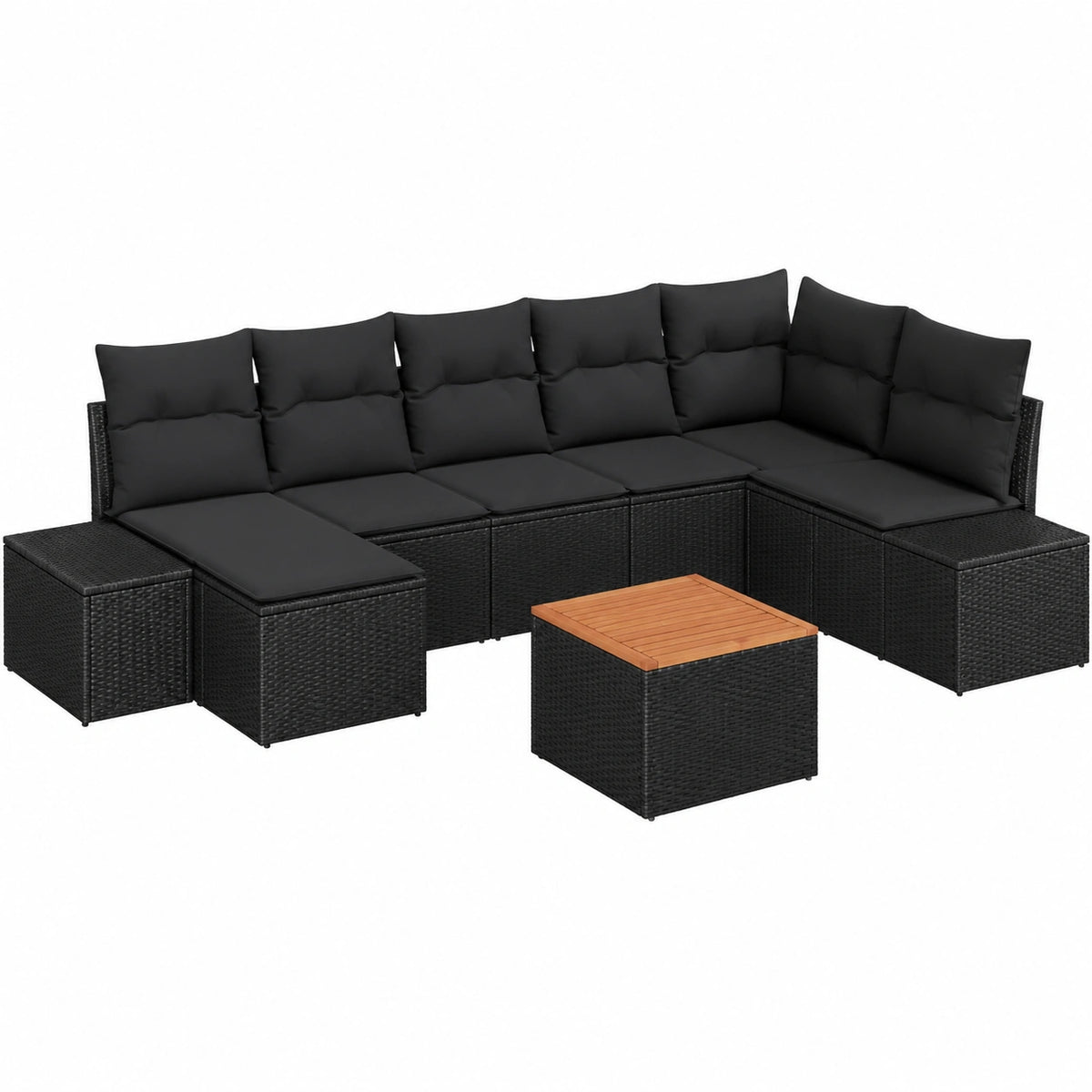 Set salotto da giardino in polyrattan modulare 9 pezzi, divani con cuscini per 8 persone, angolare con tavolo e poggiapiedi, colore nero