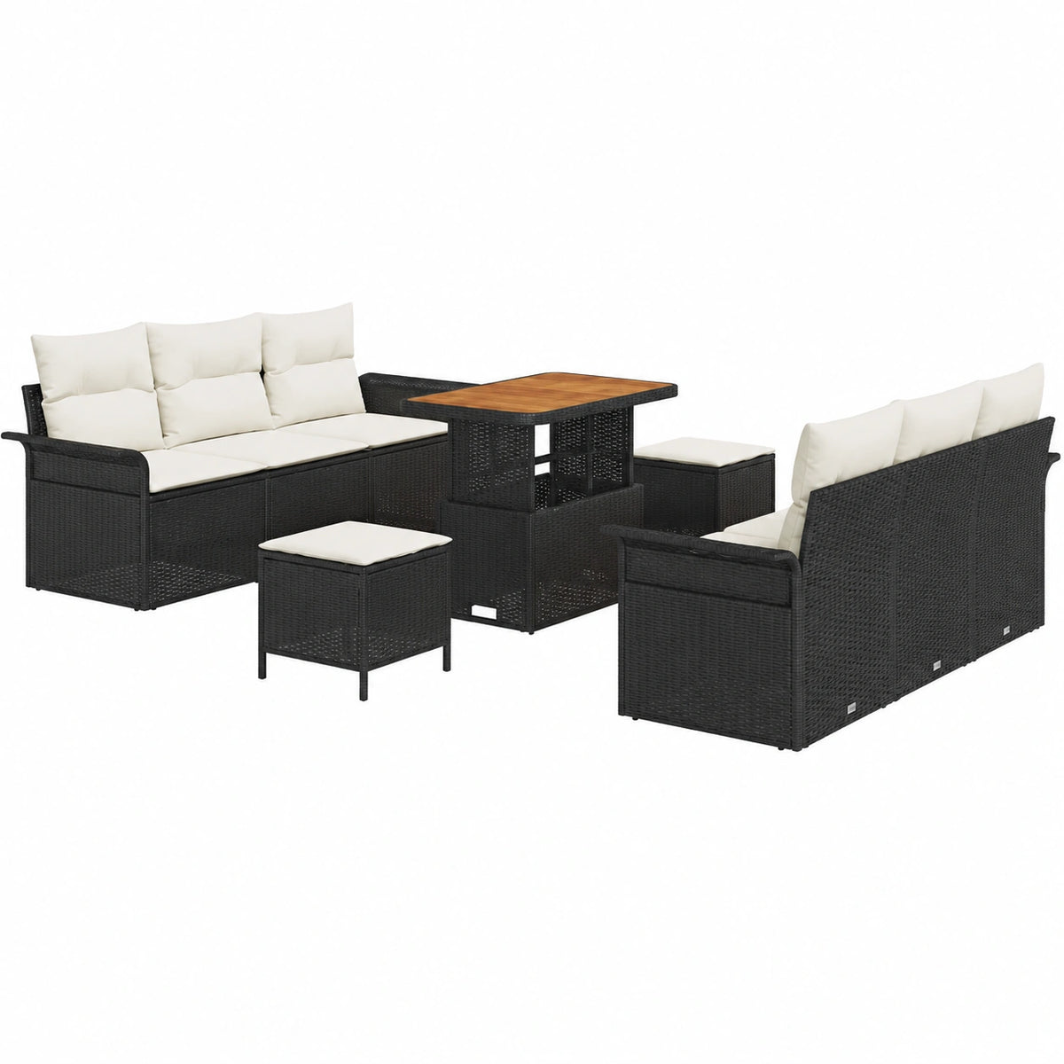 Set modulare per giardino in rattan e acacia, 9 pezzi con cuscini e tavolo regolabile per 8 persone
