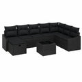 Set di mobili giardino 9 pezzi in polyrattan nero, divani modulari con cuscini per 8 persone, tavolo e poggiapiedi inclusi