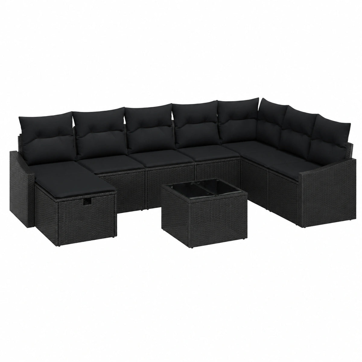 Set di mobili giardino 9 pezzi in polyrattan nero, divani modulari con cuscini per 8 persone, tavolo e poggiapiedi inclusi