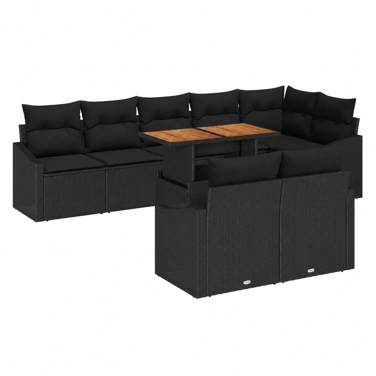 Divano modulare da giardino in polyrattan nero per 8 persone con tavolo e vani contenitori