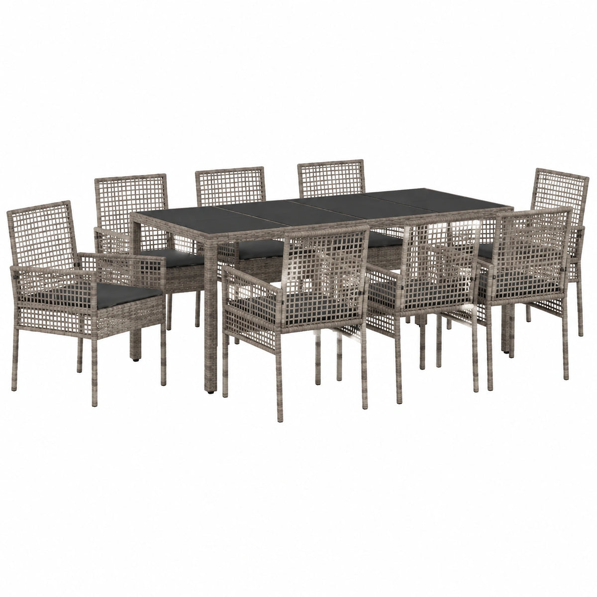 Salotto da Giardino 9 Pezzi in Rattan con Tavolo in Vetro e Cuscini