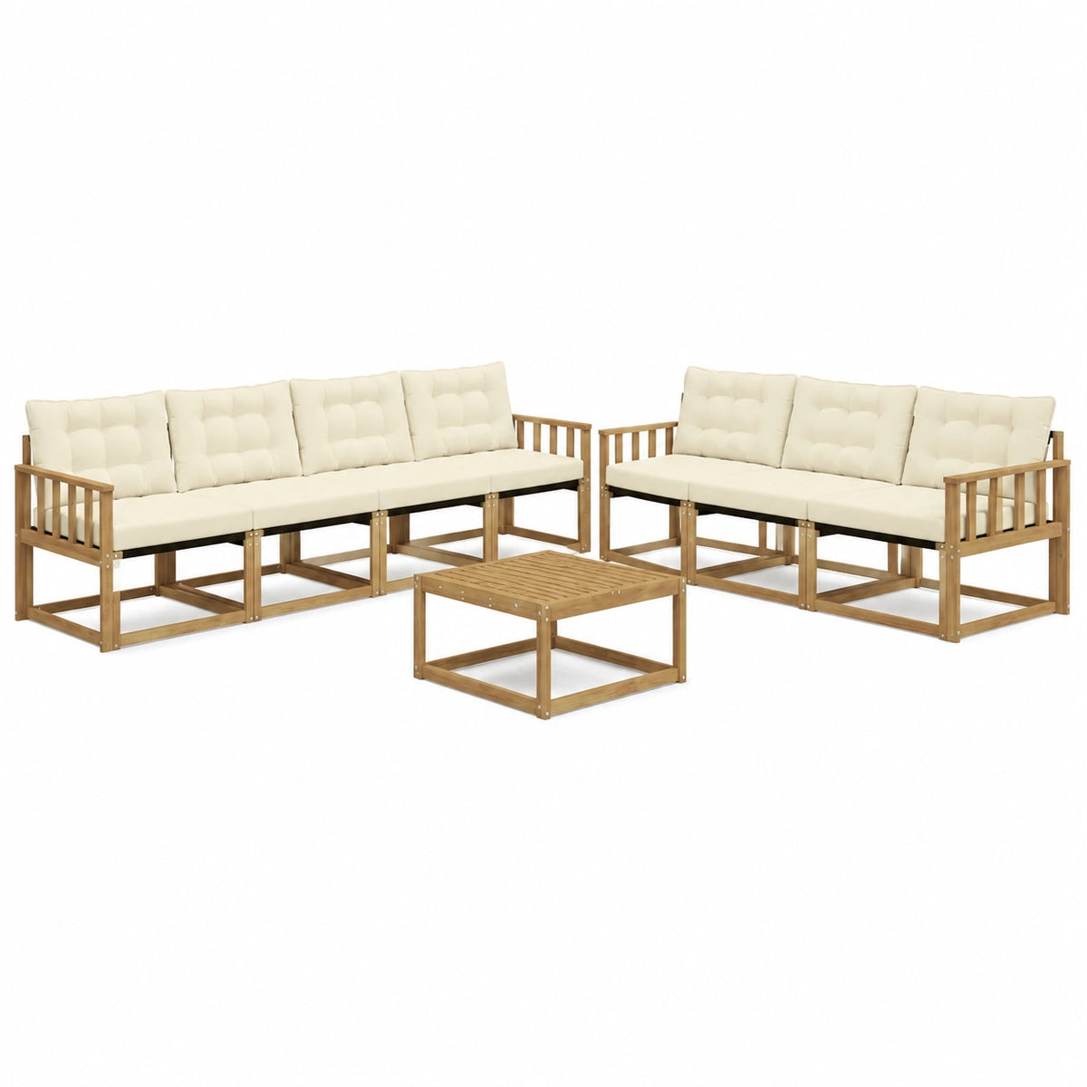 Set salotto da giardino per 8, legno di acacia, modulare con tavolo e cuscini