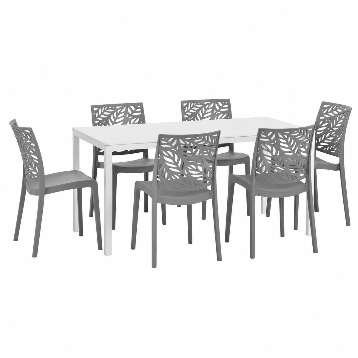 Set Giardino Tavolo Bianco con 6 Sedie Grigio Scuro in Fibra di Vetro