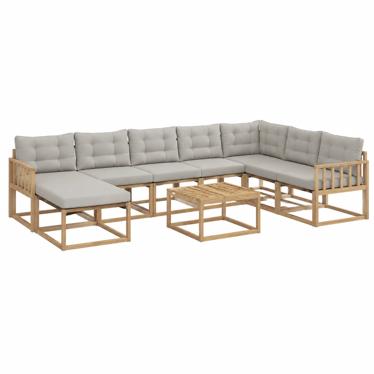 Set modulare da giardino in legno di acacia per 8 persone, resistente alle intemperie, con cuscini e tavolo, colori bianco e grigio