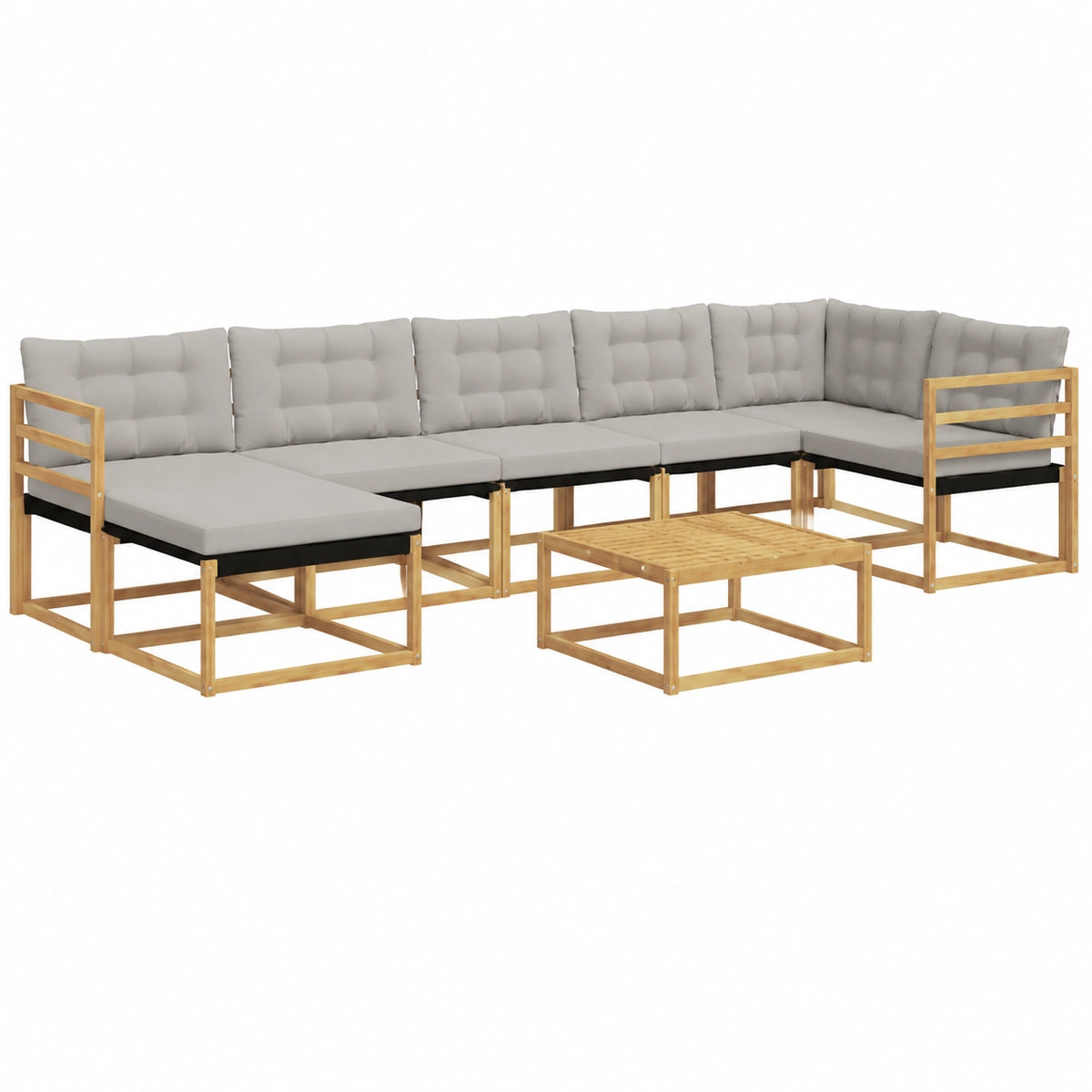 Set Divani Modulari da Giardino in Acacia con Tavolo e Cuscini, 8 Pezzi, per 7 Persone, Colore Bianco e Grigio Chiaro
