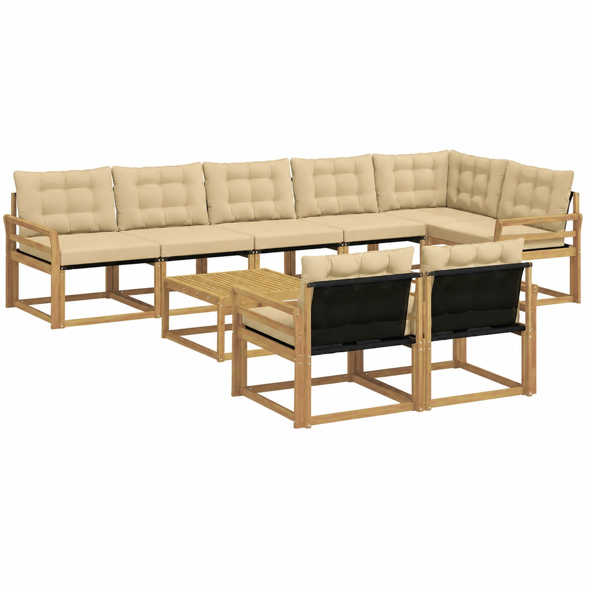 Set da giardino modulare in acacia, 9 pezzi, per 8 persone, con tavolo e divano angolare, colori bianco e beige