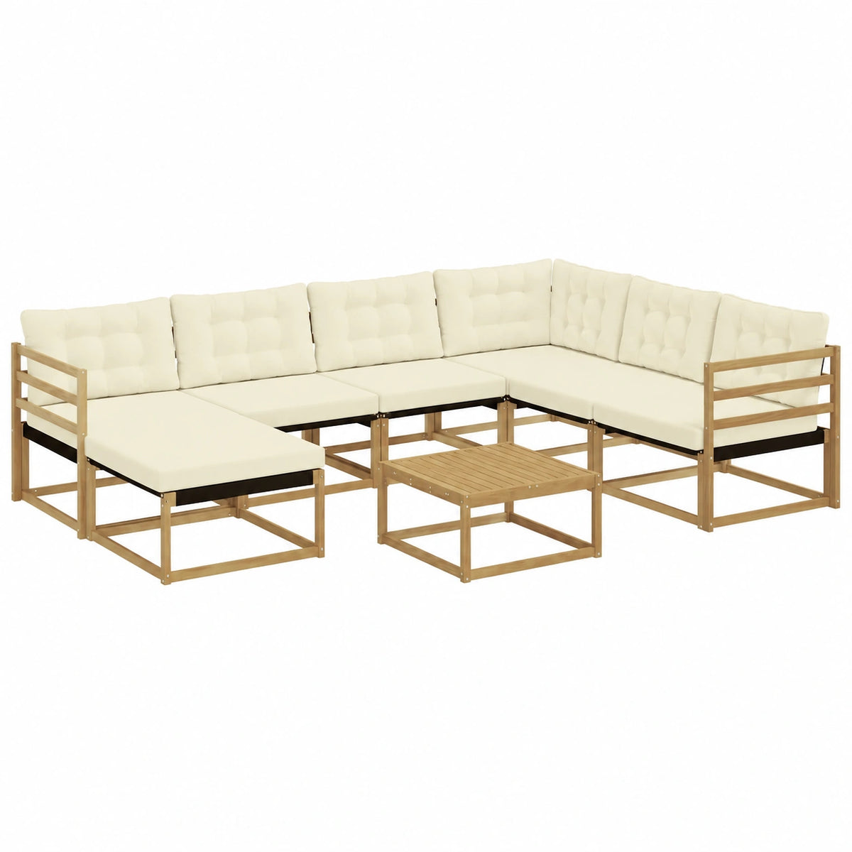 Set lounge da giardino in legno di acacia, 9 pezzi, divano modulare, marrone, con tavolo, sgabelli e cuscini, per 8 persone, resistente alle intemperie