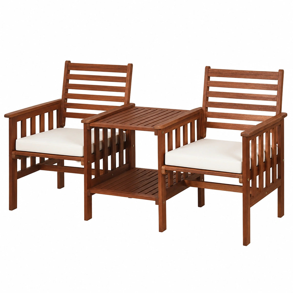 Set Tavolo e Sedie da Giardino in Acacia con Cuscini e Foro Ombrello, 2 Posti, Ideale per Esterni
