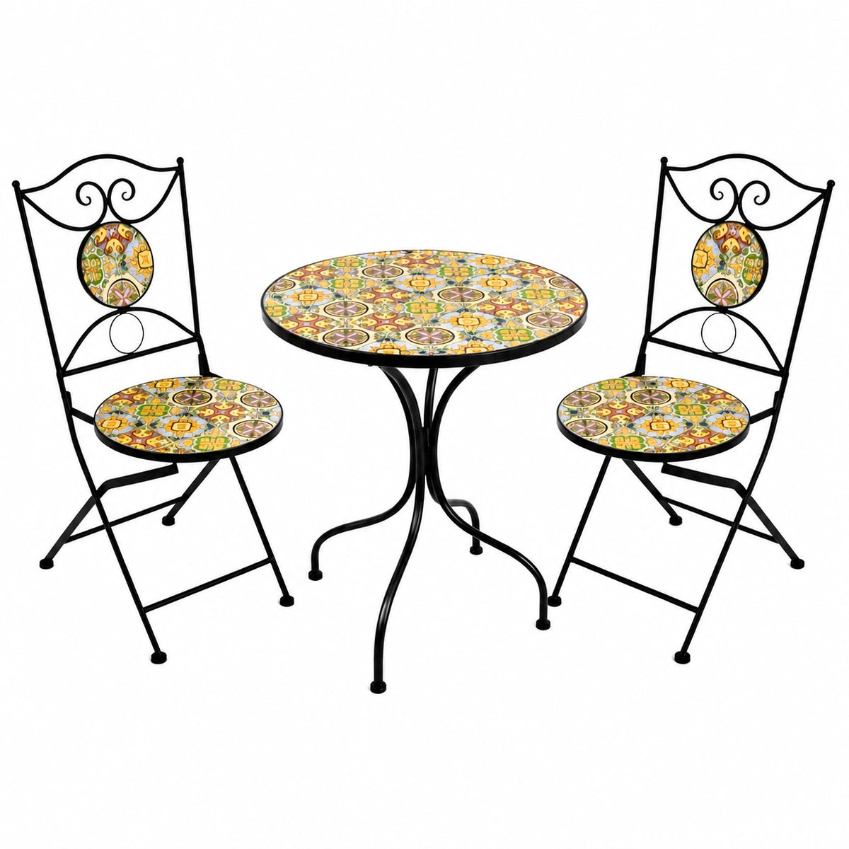 Set Mosaico da Giardino: Tavolo e Sedie Pieghevoli in Metallo giallo, Ideale per Balcone e Terrazzo