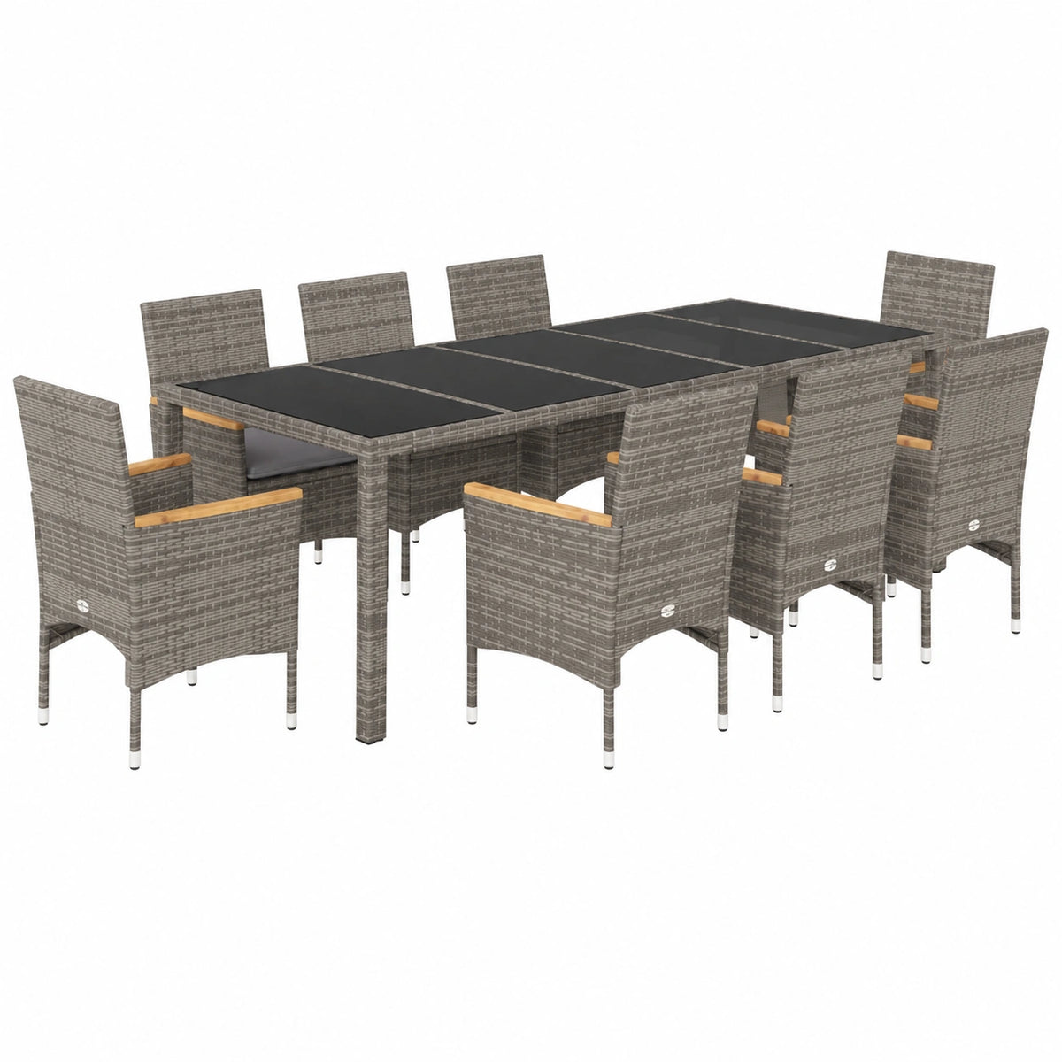 Set mobili da giardino per pranzo, 9 pezzi in rattan grigio con vetro, per 8 persone, ideale per terrazza, giardino e balcone