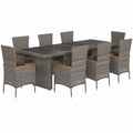 Set di Mobili da Pranzo per Esterni in Rattan Grigio, 9 Pezzi con Cuscini, per 8 Persone