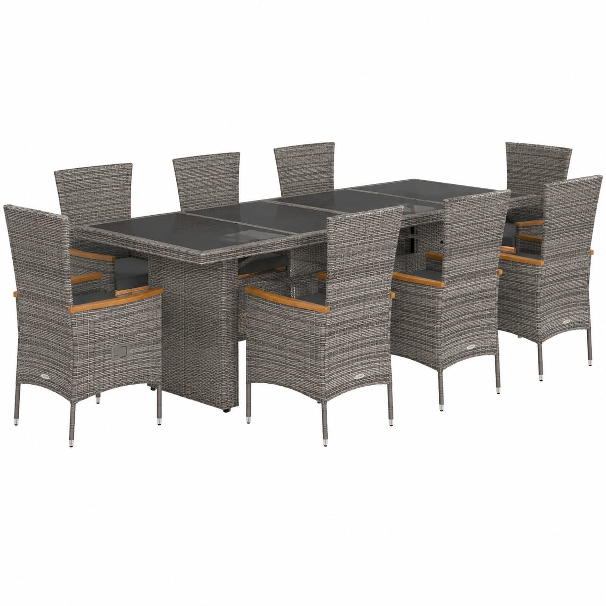 Set di Mobili da Pranzo per Esterni in Rattan Grigio, 9 Pezzi con Cuscini, per 8 Persone