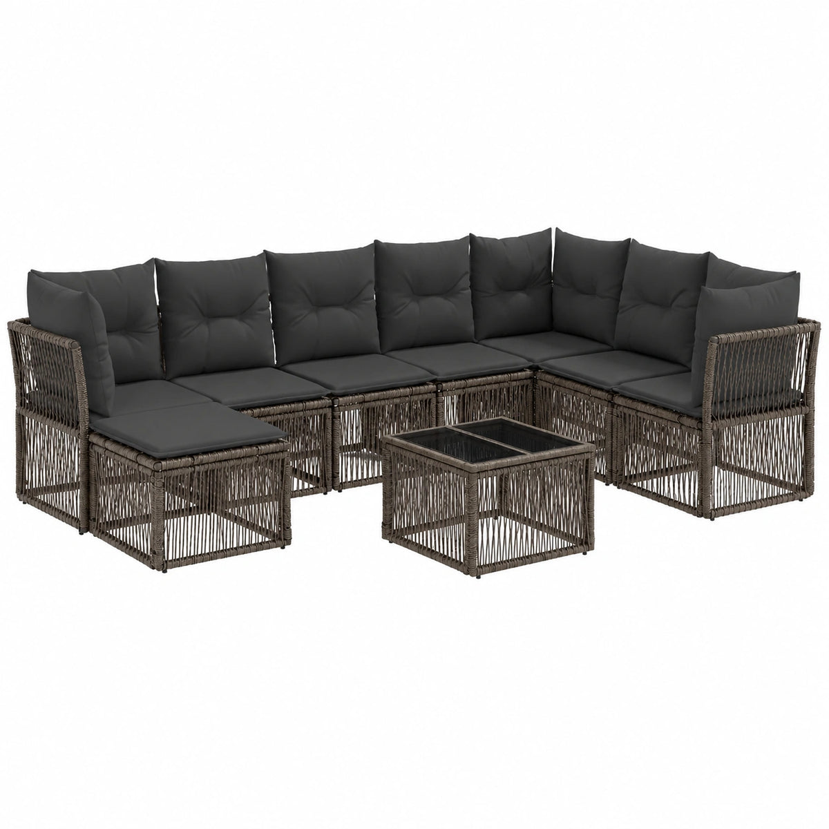 Set Divani da Giardino in Polyrattan Grigio 9 Pezzi con Tavolo e Cuscini per 8 Persone