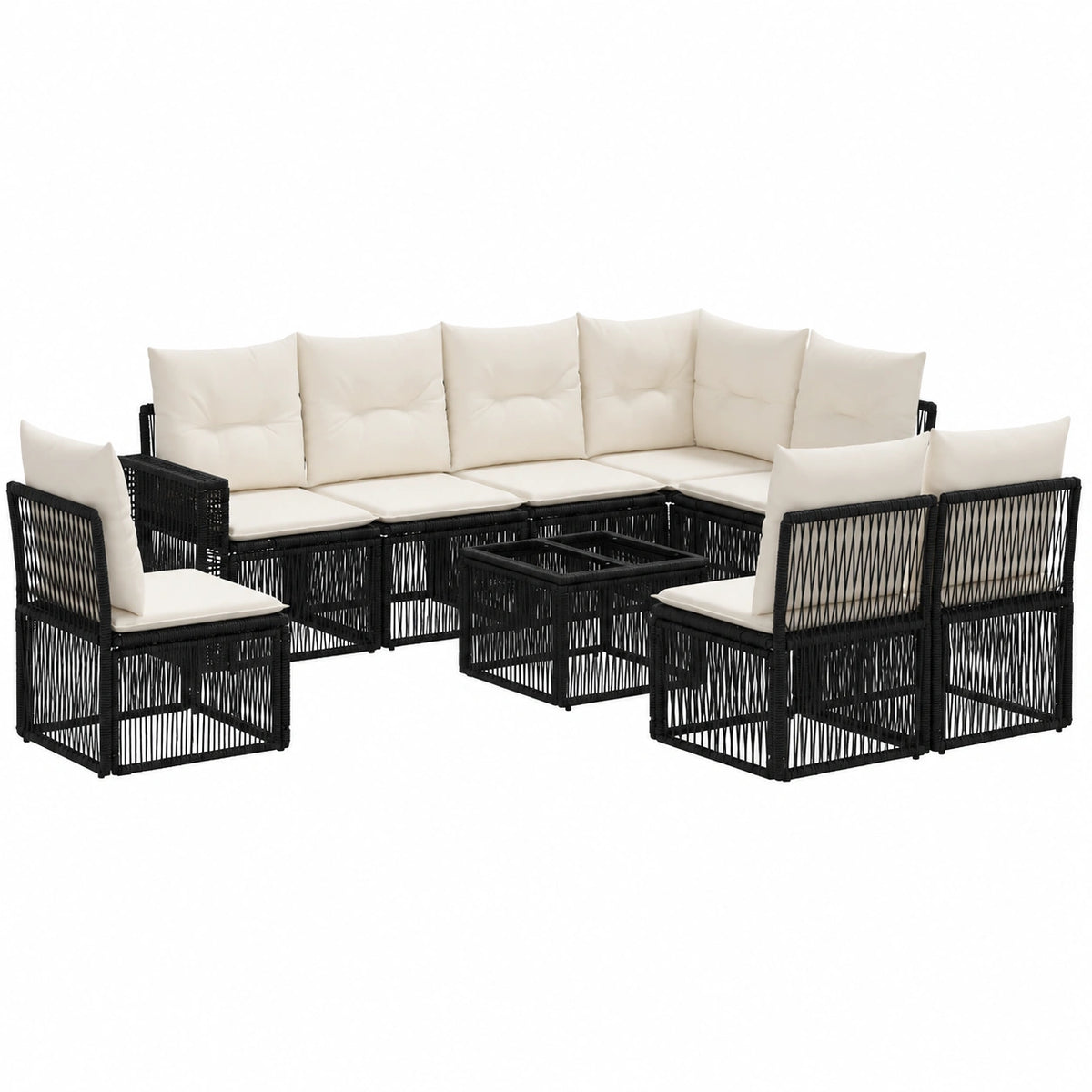 Set salotto da esterno in rattan sintetico 9 pezzi, modulare con tavolo e cuscini, per 8 persone, ideale per terrazza e giardino, colore nero e crema