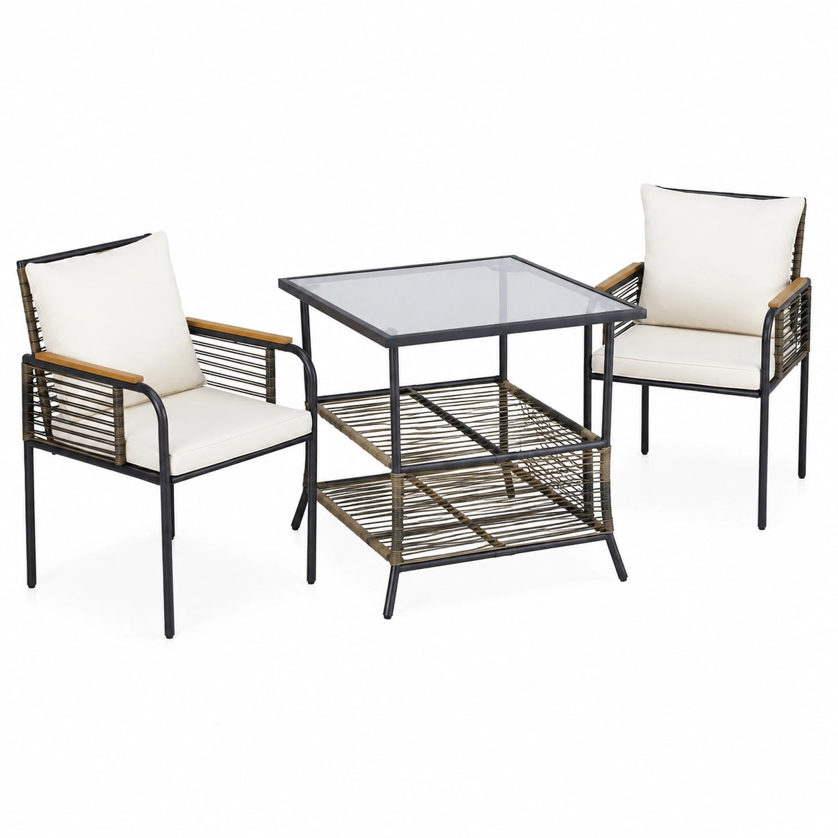 Set da Giardino in Rattan 3 Pezzi con Cuscini, Ideale per Balcone e Veranda
