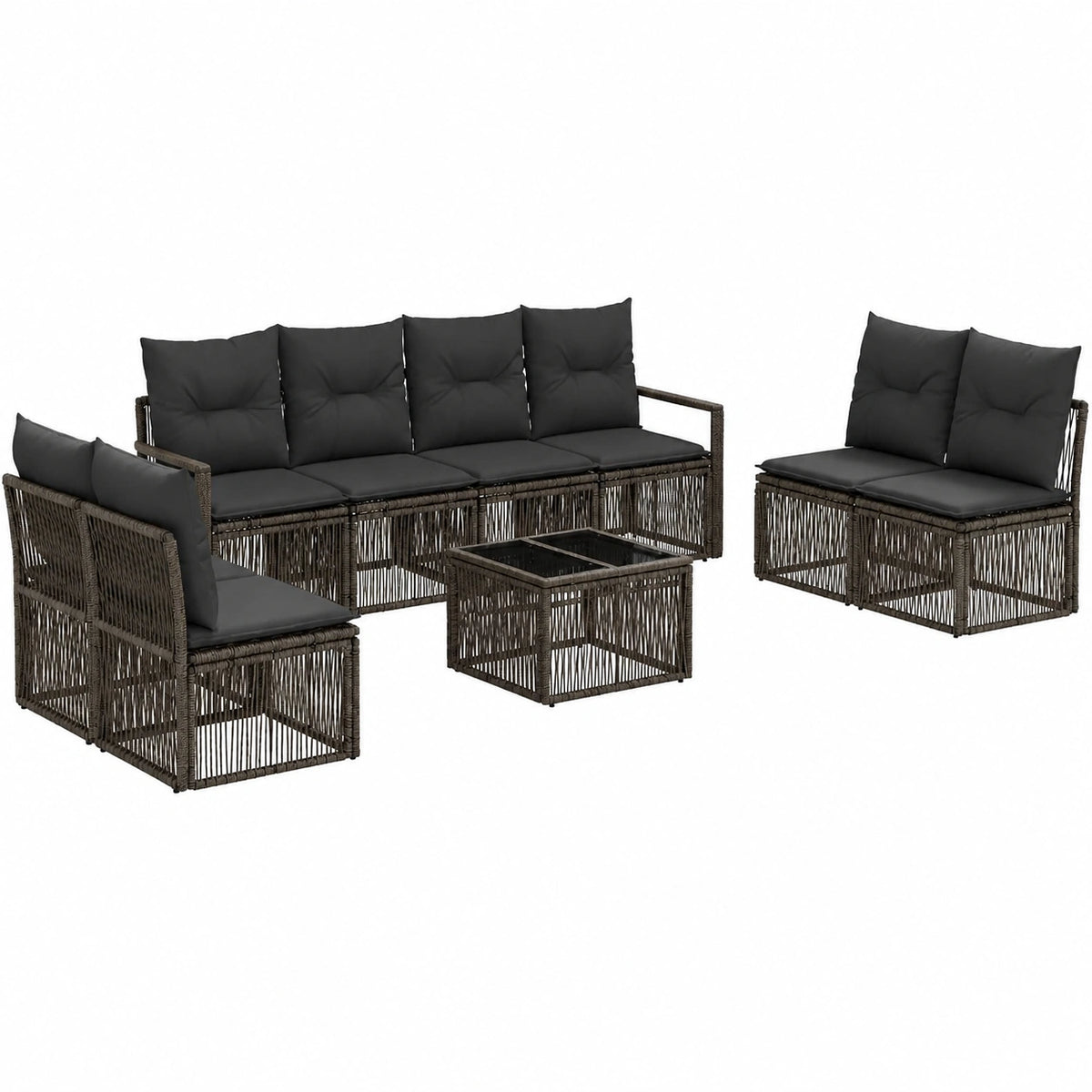 Salotto modulare da esterno in rattan sintetico con tavolo e cuscini, set da 9 pezzi per 8 persone, resistente alle intemperie per giardino e terrazza