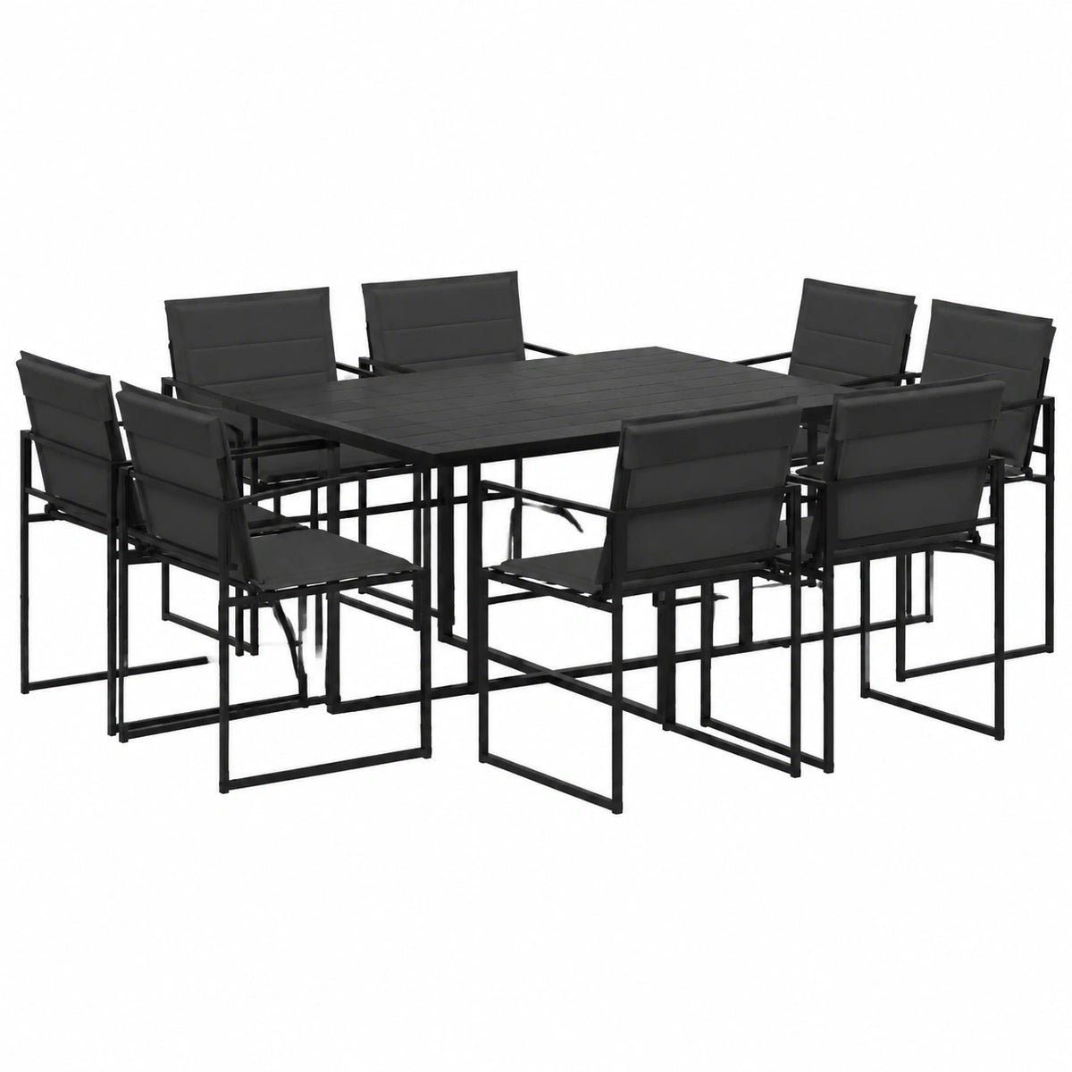 Set pranzo giardino 9 pezzi con cuscini neri, tavolo e 8 sedie per esterni