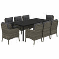 Set mobili da giardino 9 pezzi in rattan grigio con cuscini, tavolo e 8 sedie per esterno