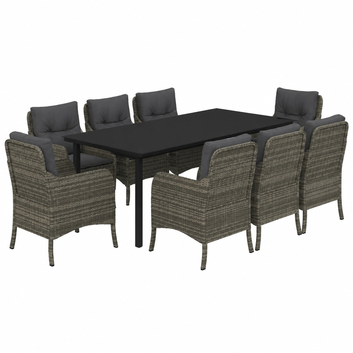 Set mobili da giardino 9 pezzi in rattan grigio con cuscini, tavolo e 8 sedie per esterno