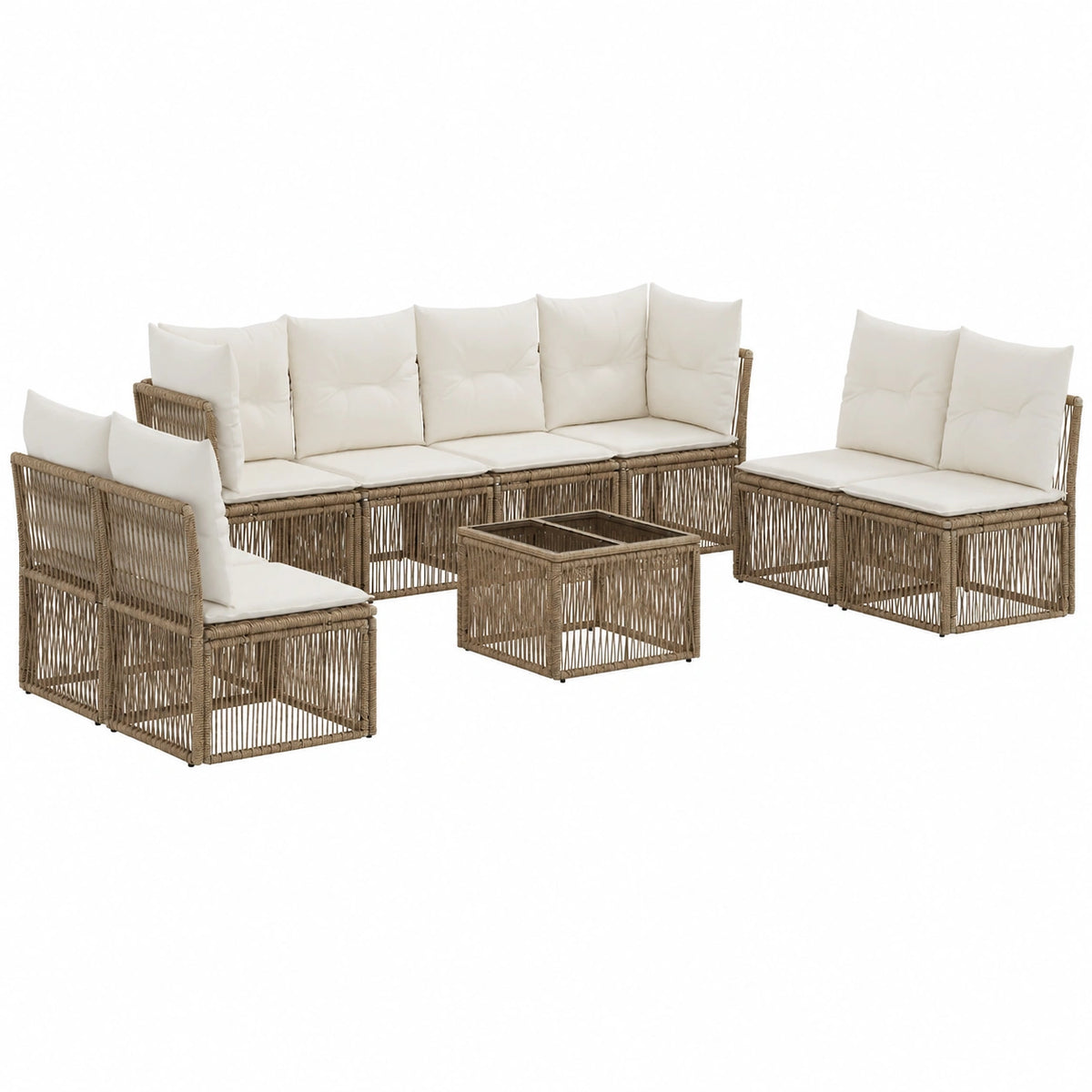 Set Divano da Giardino in Polyrattan Beige 9 Pezzi con Tavolo e Cuscini, Modulare e Resistente alle Intemperie