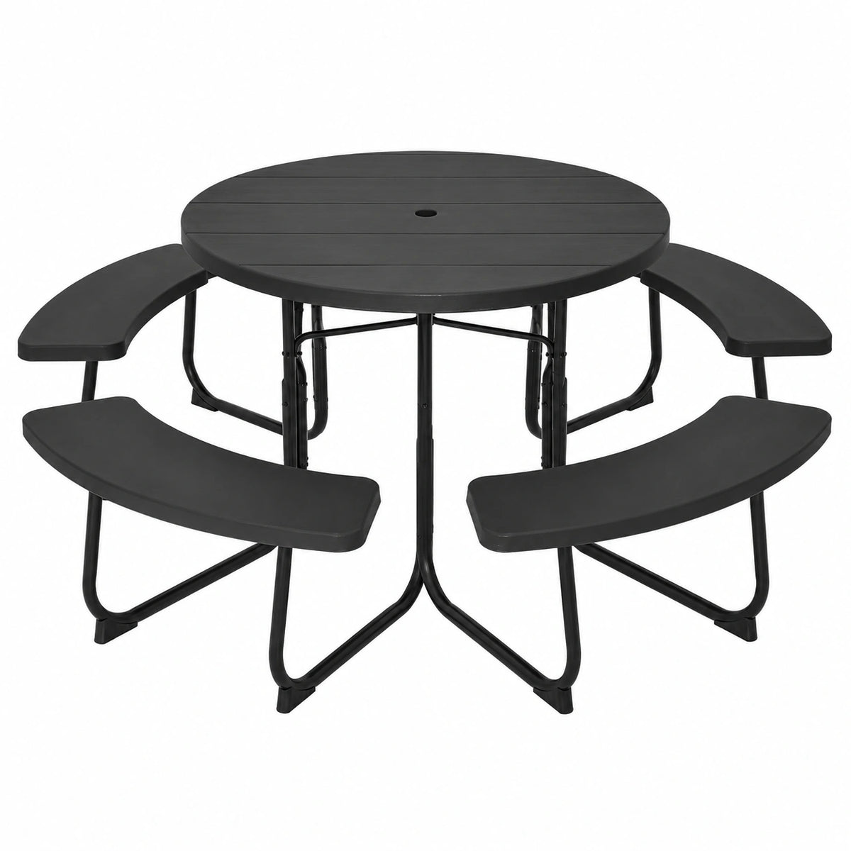 Set Tavolo da Picnic Rotondo 8 Persone con Foro Ombrellone e 4 Panche