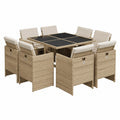 Set di Mobili da Giardino 9 Pezzi con Cuscini Beige e Tavolo in Vetro