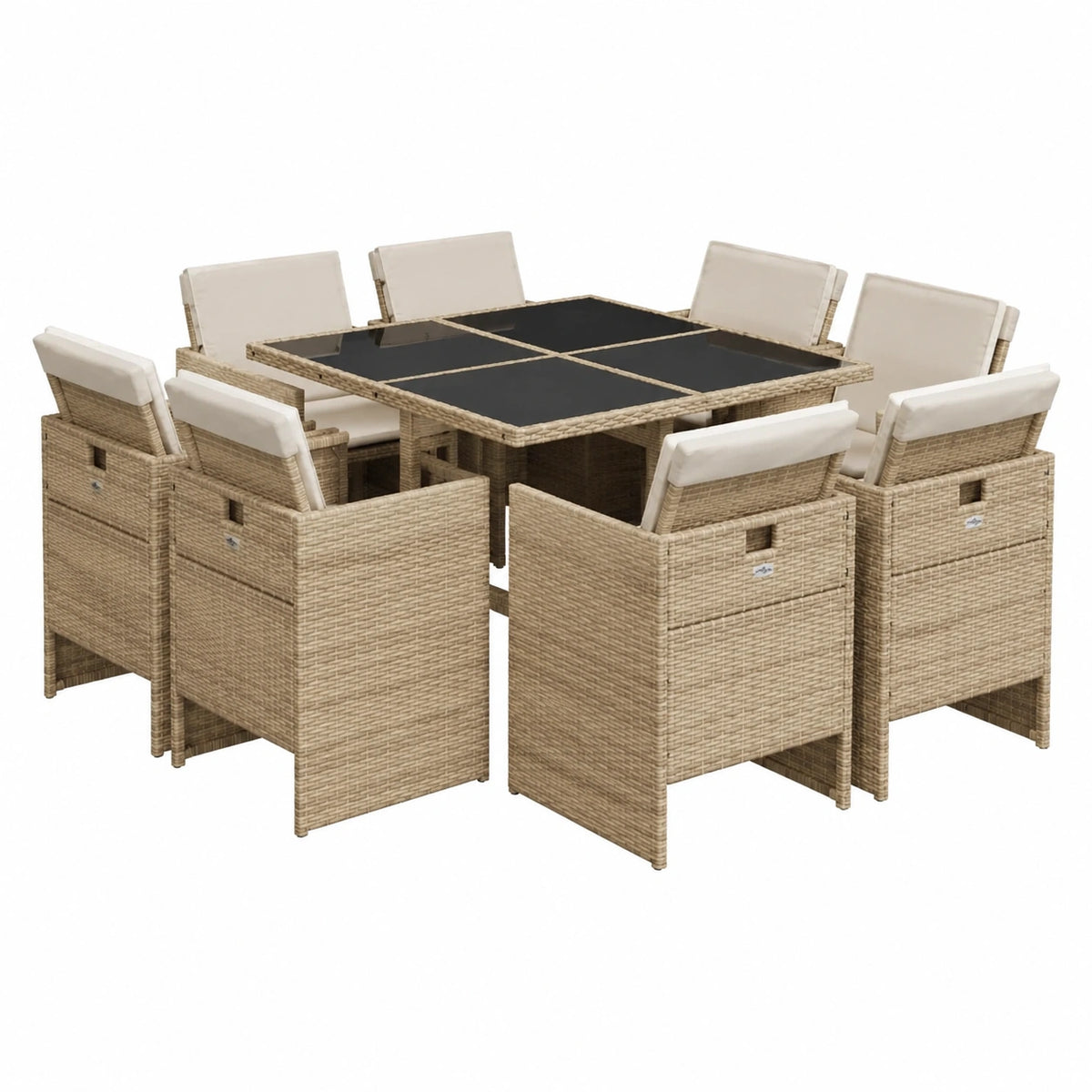 Set di Mobili da Giardino 9 Pezzi con Cuscini Beige e Tavolo in Vetro