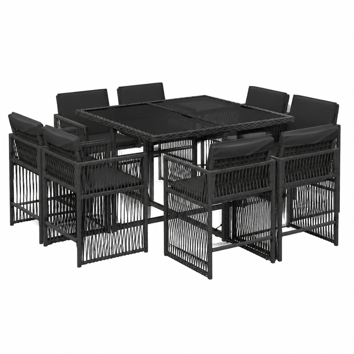 Set Pranzo Giardino 9 Pezzi in Polyrattan Nero con Cuscini