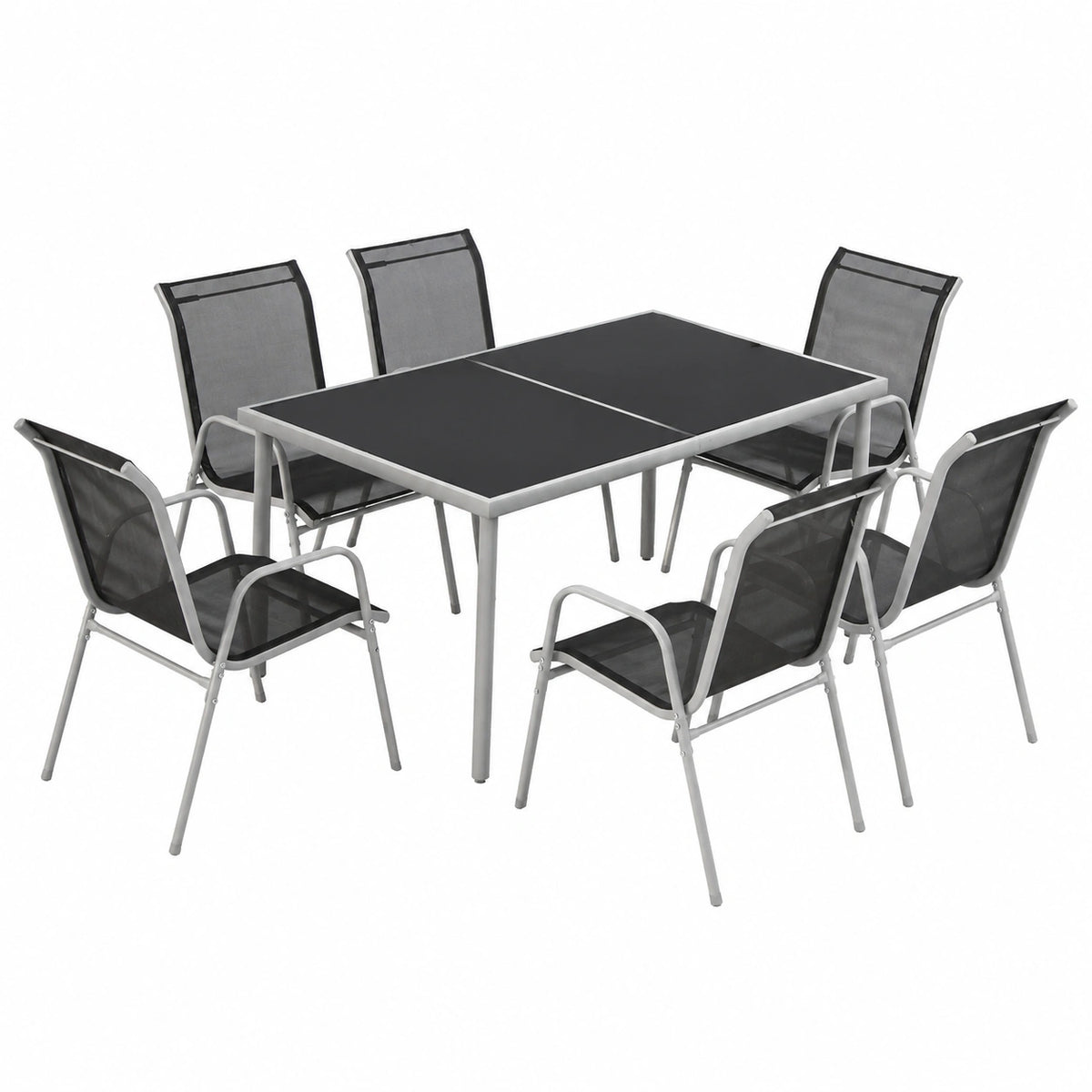 Set da Giardino Lusiana 6 Posti con Tavolo in Vetro e Sedie Impilabili