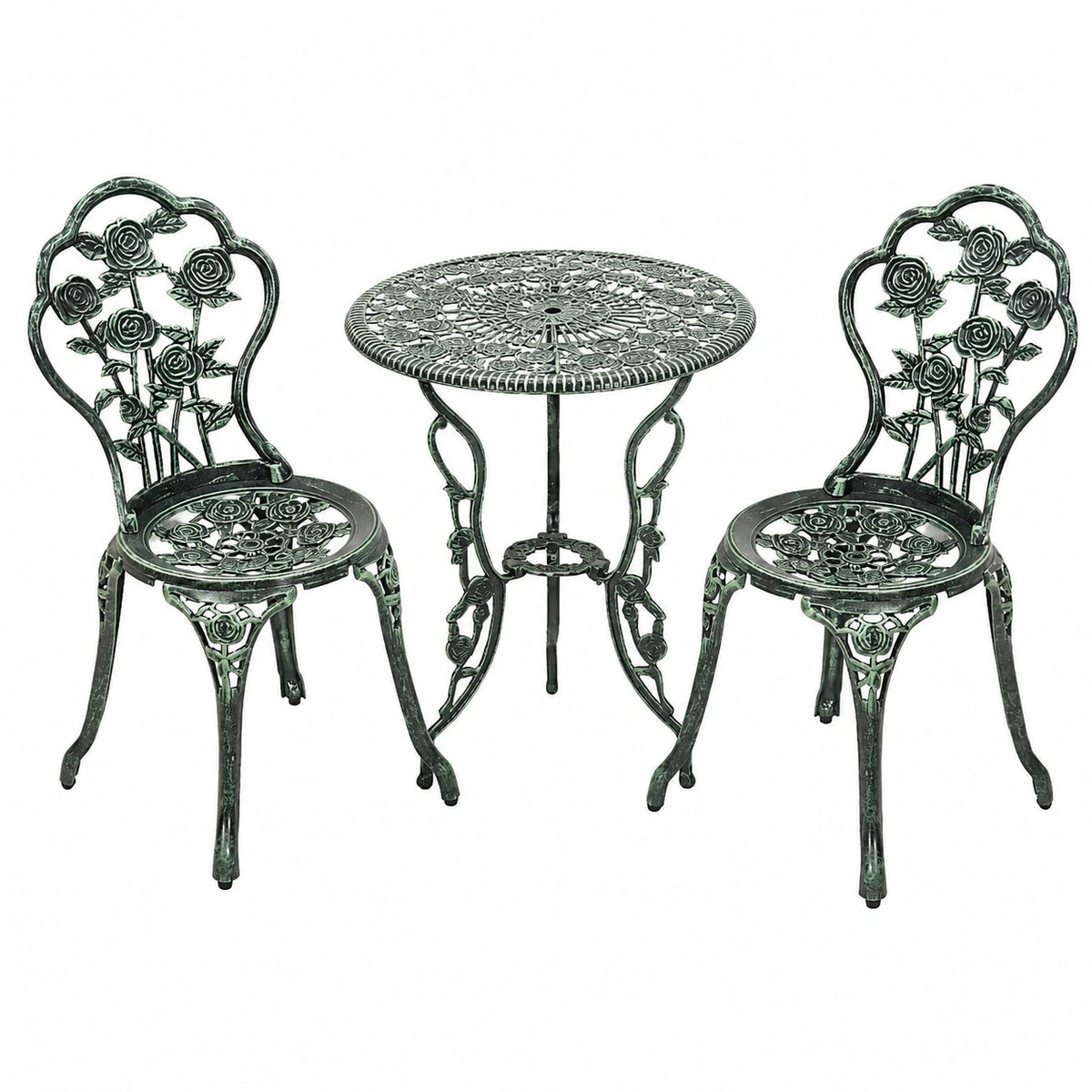 Set da Giardino 3 Pezzi in Alluminio e Ghisa con Tavolo Rotondo e Sedie, Foro Ombrello Integrato