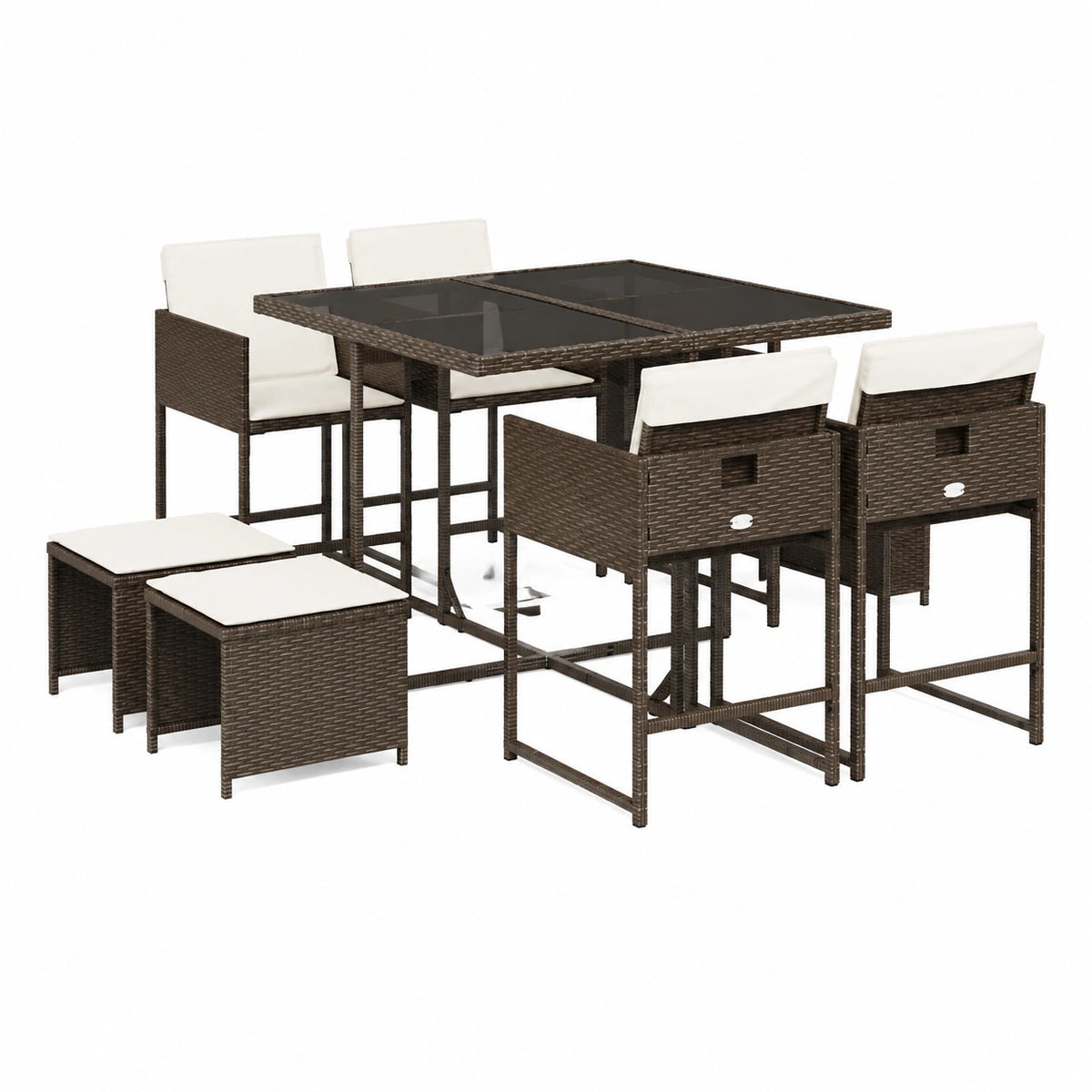 Set mobili da giardino in rattan per 8 persone con cuscini marroni, tavolo con 4 sedie e poggiapiedi